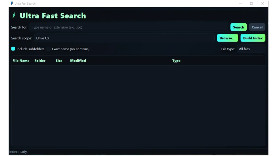 Ultra Fast Search Windows desktop application screen